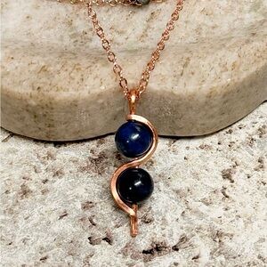 Lapis Lazuli Copper Wire-Wrapped Pendant Necklace